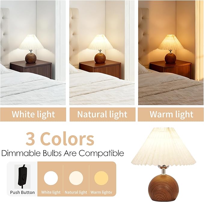 Small Pleated Table Lamp, Modern Bedside Nightstand Lamp with Pleated Shade, Cute LED Table Lamp for Bedroom, Mid-Century Night Light with Pleated Linen Shade(E26 Bulb Included)