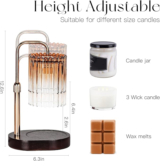 Candle Warmer Lamp with Timer: Amber Candle Warming Lamp with 2 Bulbs Height Adjustable Wax Melt Dimmable Bedroom Decor for Women