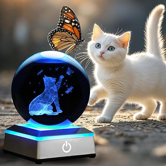 3D Crystal Ball Night Light with LED Colorful Touch Base - Cat Lover Gifts for Women & Teens, 3.15 In Cat Figurines Glass Sphere Lamp for Birthday, Christmas, Home Decor