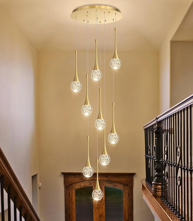 9 Light Modern Glam Crystal Chandelier for High Ceiling LED Dimmable Ceiling Pendant Light Staircase Foyer Enterway Living Room Chandelier Lighting Antique Gold
