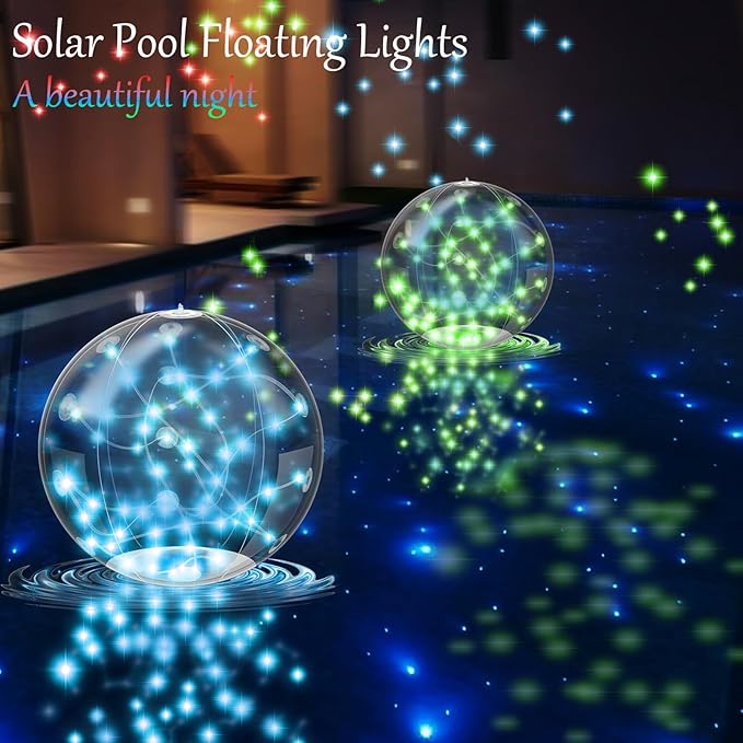 2 Pcs Solar Floating Pool Lights, 60 LED Fairy Lights with Auto On/Off, 2 Lighting Modes Waterproof Outdoor Decor for Garden, Patio, Yard, Pond, Party & Wedding Decorations