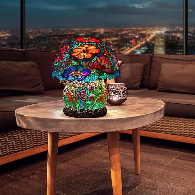Mmoneyake Stained Plant Series Table Lamp, Painting Mushroom Table Lamp, 2023 New Vintage Decorative Bedside Lamp, Mushroom Table Lamp, for Home Livingroom Bedroom Office Decorations Lamp