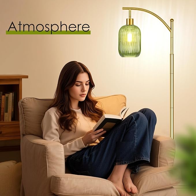 Gold Floor Lamp for Living Room with Remote Control,Unique Vintage Standing Tall Lamp,Mid Century Modern Floor Lamps Arc Green Glass Floor Lamps for Office Corner