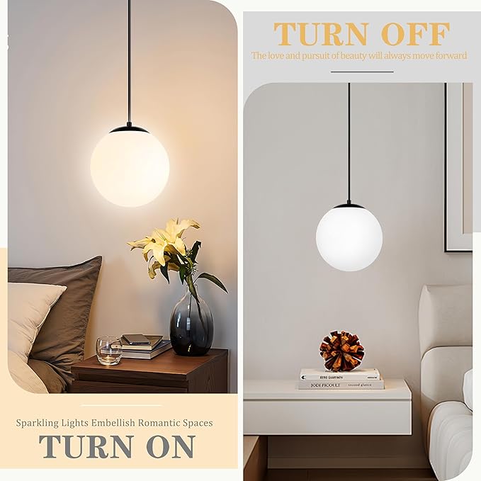 KoKo&Yukina 8" Globe Pendant Light Black Plug in Pendant Light Adjustable Hanging Lights with Plug in Cord Matte Black Finished with Milk Glass Lampshade for Bedroom Kitchen Island（Bulb Included）