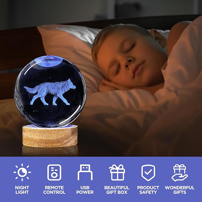 3D Crystal Ball Night Light with Wooden Base, 3.15" Glass Ball Lamp, 16 Colors, Remote Control, Cool Desk Decor, Gifts for Kids, Friends, Birthday, Holiday