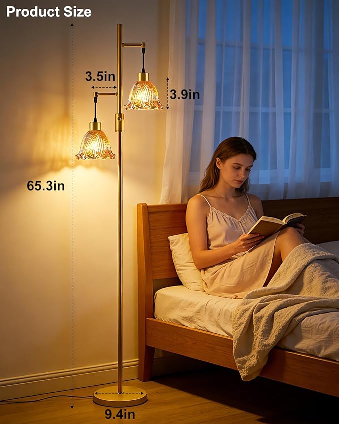 65IN Glass Floor Lamp, 2-Light Gold Tall Standing Lamps Dimmable with Brown Glass Lampshade, 3000K Warmwhite Mid Century Modern Floor Lamp for Living Room/Bedroom/Sofa Beside/Home Decor