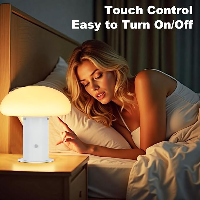 Mushroom Lamp with Touch Control Switch, 3 Way Dimmable Nightstand Lamp for Bedroom and Living Room, 6W LED Bulb Included (White)