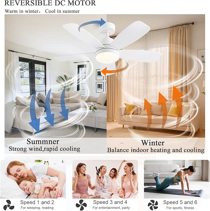 Ceiling Fans with Lights, 42 Inch Low Profile Ceiling Fan with Lights and Remote Control, LED Dimmable DC Reversible, 8 Speed, Noiseless, Modern White Ceiling Fan for Bedroom, Indoor/Outdoor Use