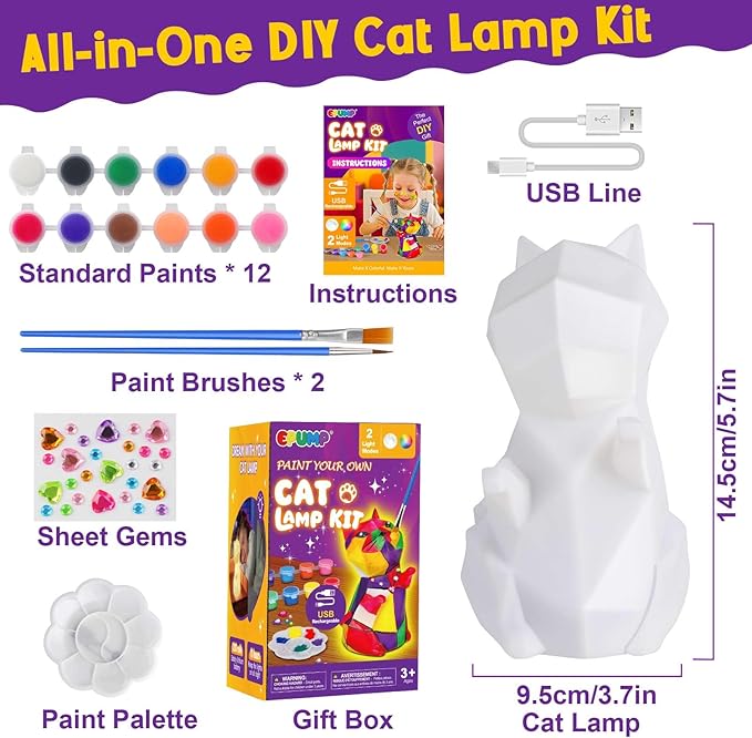 EPUMP Paint Your Own Rechargeable Easter Gifts Cat Lamp Kit with 8 Color Modes - Arts and Crafts for Kids Age 4-8, Art Supplies Birthday Gifts Creative Activities Toys for Boys Girls Ages 3-12