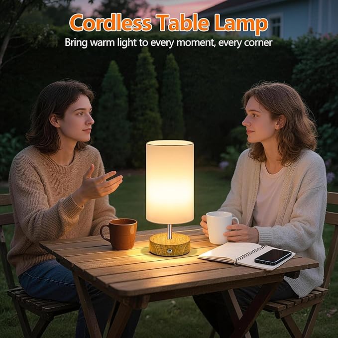 2-Pack Rechargeable Table Lamps, Cordless Bedside Lamps with Stepless Dimming, Portable 6000mAh Battery Operated LED Desk Lamps, Wireless Lamps with Wood-Grain Base, Modern Night Light for Bedroom