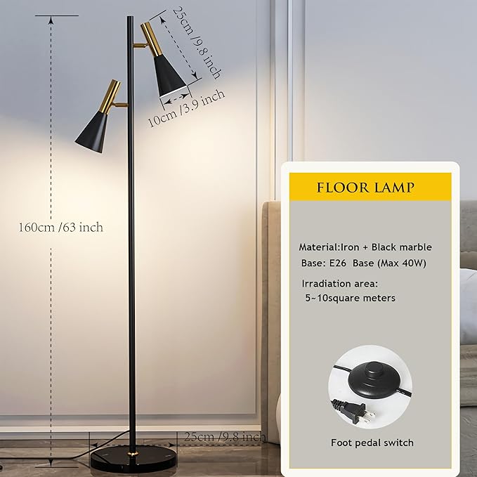 Modern Floor Lamp with 2 Adjustable Head Tall Pole Uplight for Living Room, Bedroom, Office,Gold and Black Corner Light for Reading (Black and Gold)