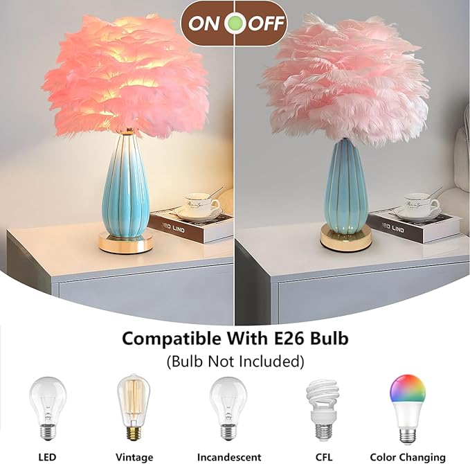 Pink Feather Table Lamp Creative Bedside Feather Lamp Simple Goose Furry Nightstand Light Fluffy Desk Lighting for Girl Bedroom Living Room Decoration Wedding Romantic Atmosphere