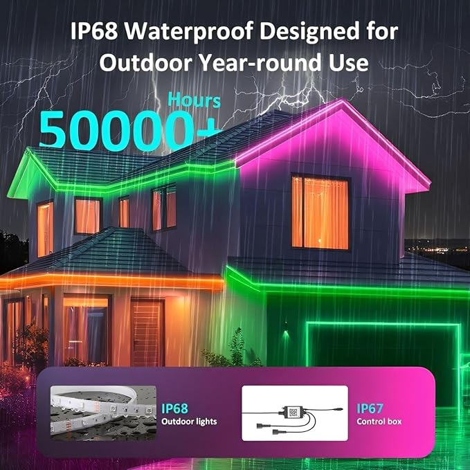 roperry 100FT Outdoor LED Strip Lights, IP68 RGB LED Lights with Remote and APP Control, Outdoor Strip Lights for Pool, Balcony, Roof, Garden, Stairs (1 Roll)