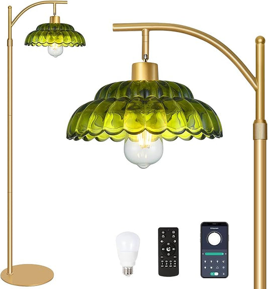 Dimmable Floor Lamp for Living Room, Mid Century Modern Standing Lamp with Green Lamp Shade, Vintage Tall Floor Lamps with Remote, Glass Corner Lamp for Bedroom Office, 12W Bulb Included