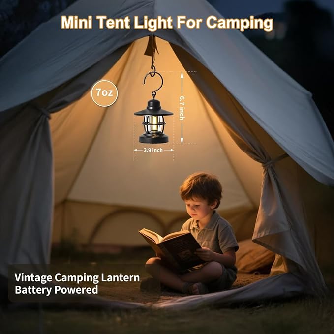 Black 2-Pack Vintage Portable Battery-Powered Camping Lantern for Outages, Emergencies, Indoor and Outdoor Activities