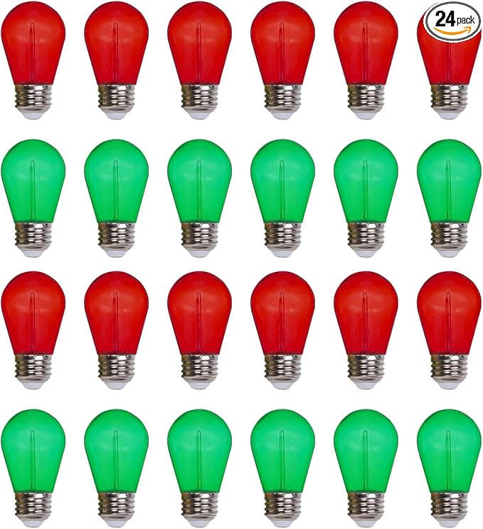 Jslinter Colored String LED Light Bulbs - 1 watt Plastic Outdoor Indoor S14 Bulbs for Christmas String Light Replacement - Shatterproof - E26 Base - 24Pack - Red/Green
