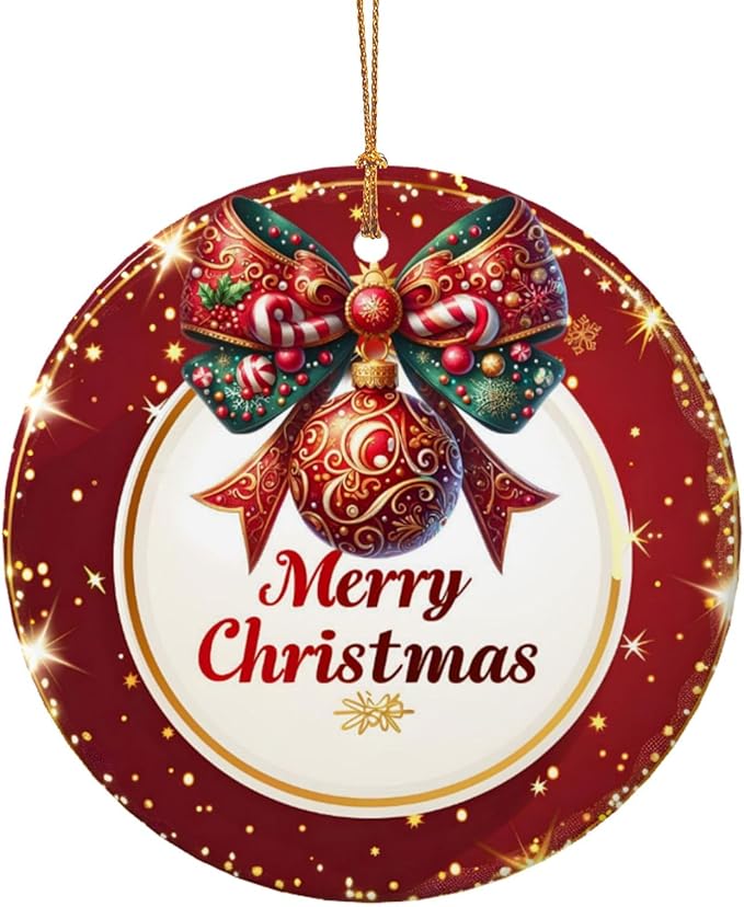 Merry Christmas Red Balls Snowflakes Christmas Ornaments, Christmas Decorations Xmas Tree Hanging Ornaments, Round Ceramic Festive Keepsake Gift for Xmas Decorations Holiday Home Decor