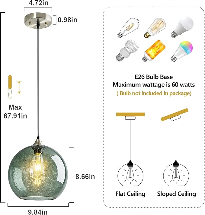 Gray Green Glass Pendant Lights Kitchen Island Lighting Globe Pendant Light Fixtures Modern Pendant Lighting for Kitchen Island Bedroom Living Dining Room Light Fixture(9.84in, 1-Pack)
