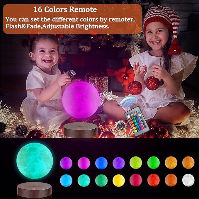 UVEHAS Levitating Moon Lamp 16 Colors Magnetic Levitation Floating 3D Printing LED Moon Light Spinning in Air Luna Night Lights with Remote for Home Room Desk Decoration Creative Gift, Round Base