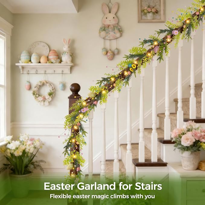 6FT Prelit Easter Garland with 20 LED Lights & 8 Modes Timer,Easter Decorations for Home,Battery Operated Lighted Easter Egg Garland with Berry Daisy for Mantle Door Table Indoor Outdoor Spring Decor