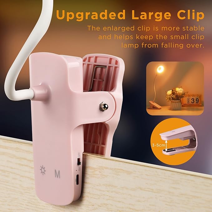 Desk Lamp LED Clip on Light, 5 Modes 5 Brightness Dimmable Clamp Light, Rechargeable Battery Flexible Clip on Reading Lamp for Bed Headboard Bunk Bed at Night for Kids (Pink)
