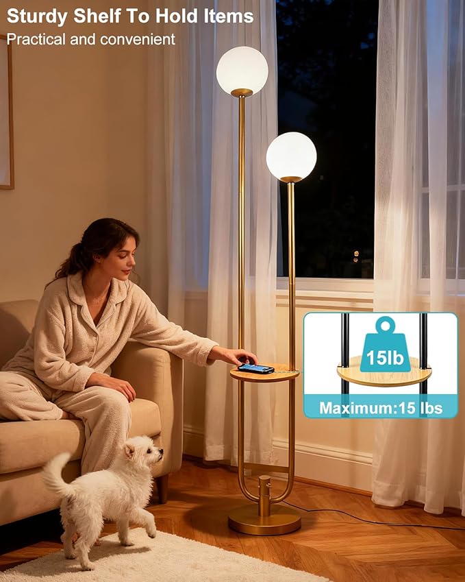 Lightdot 63IN Gold Floor Lamp with Table, 2 Globe Mid Century Standing Lamps with Warm White LED Bulbs, Unique U-Pole Vintage Tall Floor Lamp for Living Room/Wedding/Party/Sofa Beside/Corner Decor