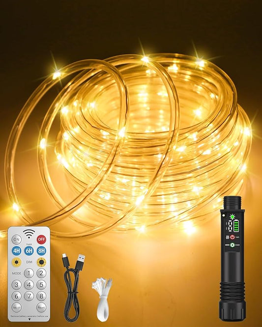 Rechargeable Rope Lights, Outdoor Waterproof String Lights with 1200mah Portable Rechargeable Battery, Timing & 8 Modes for Party Christmas Camping DIY Tree Trampoline (Warm White, 39FT)