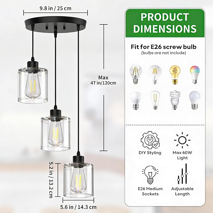 3 Light Pendant Lighting, Farmhouse Hanging Light Fixture for Kitchen Island & Dining Room, Industrial Vintage Ceiling Lamp with E26 Base, Adjustable Height, with Clear Glass 4.7" Shades