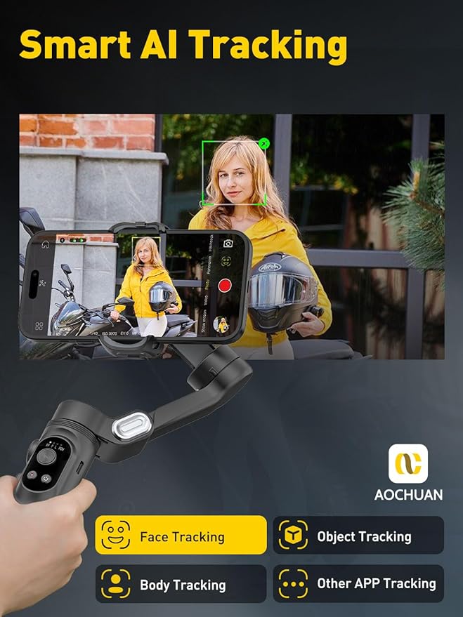 AOCHUAN 3-Axis Gimbal Stabilizer for iPhone 15/14/13 Pro Max Android,Foldable Smartphone Gimbal w/Built-in Fill Light,1/4 Thread,Professional Anti-Shake Video Record for TikTok YouTube(Smart X Black)