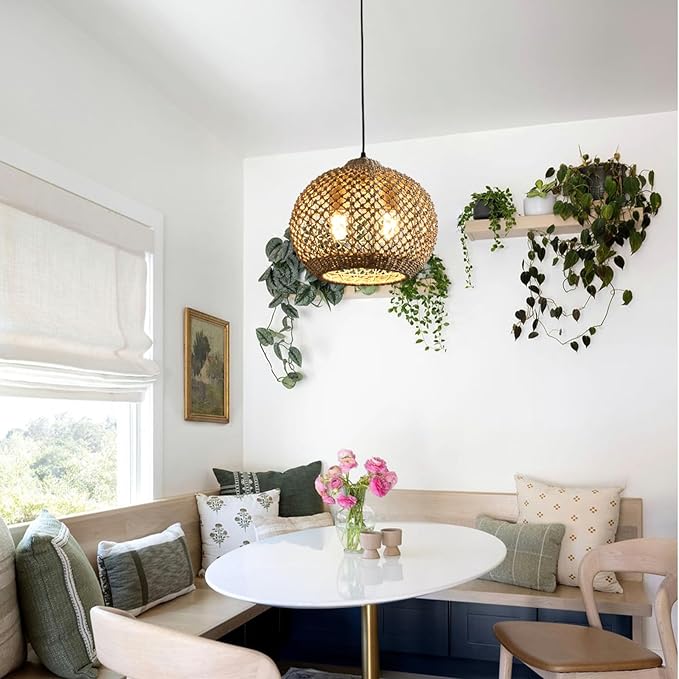 13.79" Rattan Coastal Pendant Light Fixture,Boho 2-Light Kitchen Island Ceiling Hanging Lighting Wicker Hand Woven Farmhouse Chandelier,for Bedroom, Dining Room, Entryway, Foyer