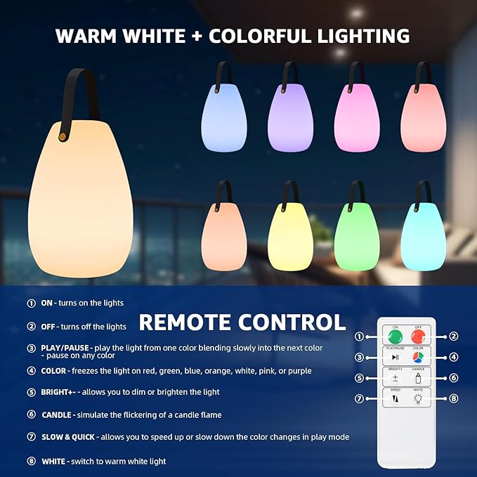 uuffoo Rechargeable Portable Table Lamp, Cordless RGB Lantern with Remote, Decorative LED Night Light, IP44 Waterproof Indoor Outdoor Lamp for Bedroom Patio Garden Wedding Party