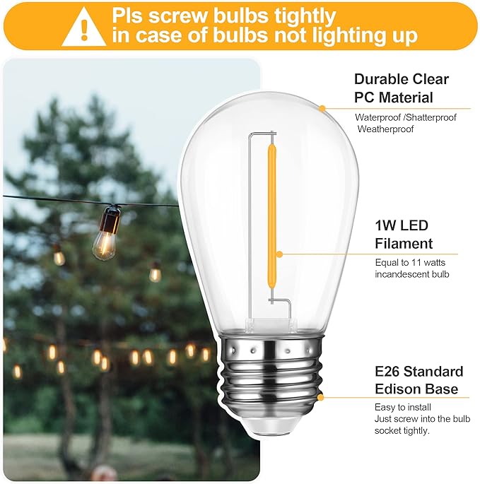 Mlambert 36 Pack LED String Light Bulbs,Shatterproof Outdoor String S14 Replacement Light Bulbs 2700K,Waterproof 1W LED Equal to 11W,Not Solar