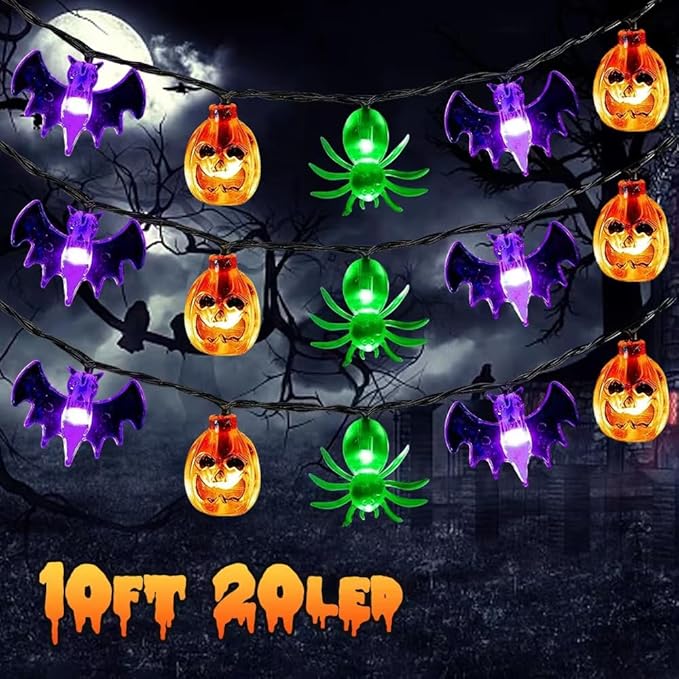 Halloween String Lights Battery Operated, Bat Ghost Spider Pumpkin Lights, Indoor Decorations for Cute Party Decor（3 Elements）
