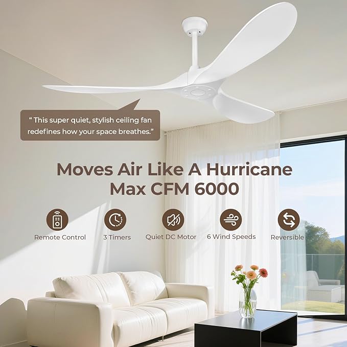 Ceiling Fan Without Lights,Outdoor Ceiling Fan with Remote, 6-Speed Adjustable Reversible DC Motor for Patio & Living Room (White, 52 in)