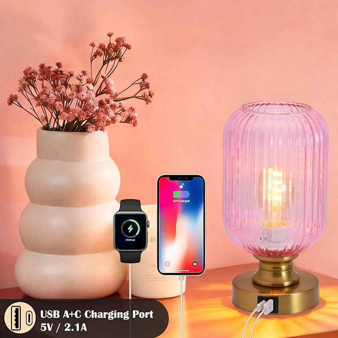 Mid Century Glass Table Lamp,Dimmable Desk Lamp,LED Bulb Included,Touch Control & USB A+C Port,Pink Ribbed Glass