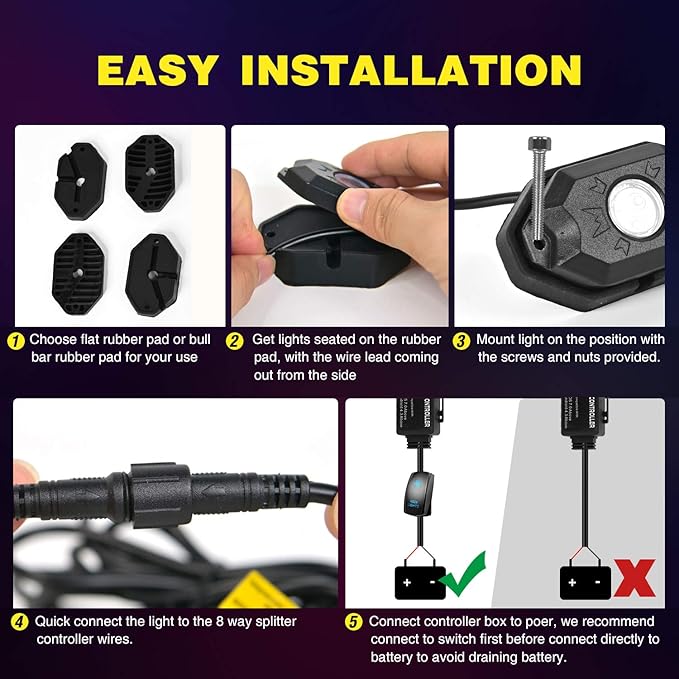 Nilight RGB LED Rock Lights Kit 8 pods Underglow Neon Multicolor with Bluetooth App Control Music Mode IP68 Exterior Wheel Well Party Lamp for ATV UTV Golf Cart Truck Boat RV