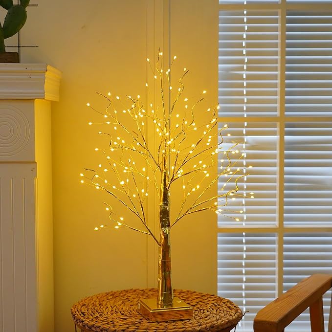 144 LED Artificial Tree Lamp with Timer, DIY Birch Tree with LED Lights, Lighted up Tree Lamp USB/3 AA Battery Powered, Fairy Light Spirit Tree for Table Home Wedding Bedroom Christmas (Gold)