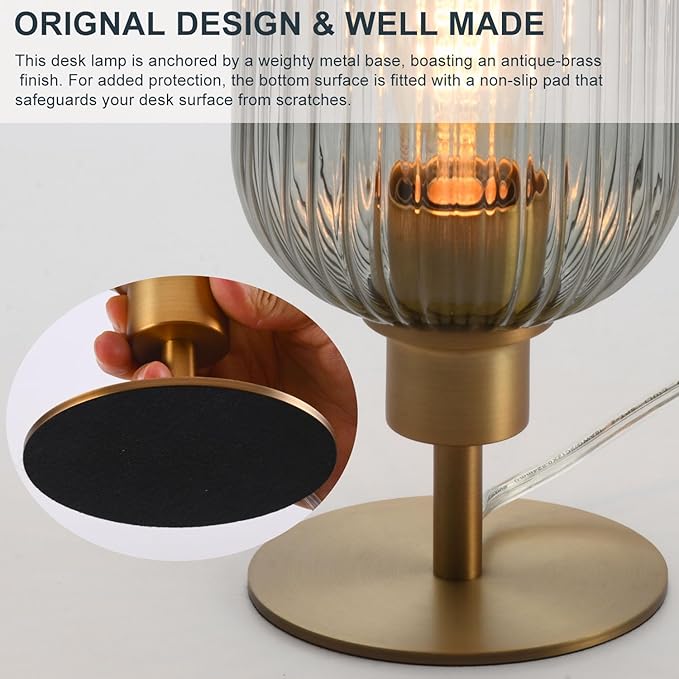 Mid Century Glass Table Lamp,Dimmable Desk Lamp,LED Bulb Included,Timer Build-in,Smoky Grey Ribbed Glass