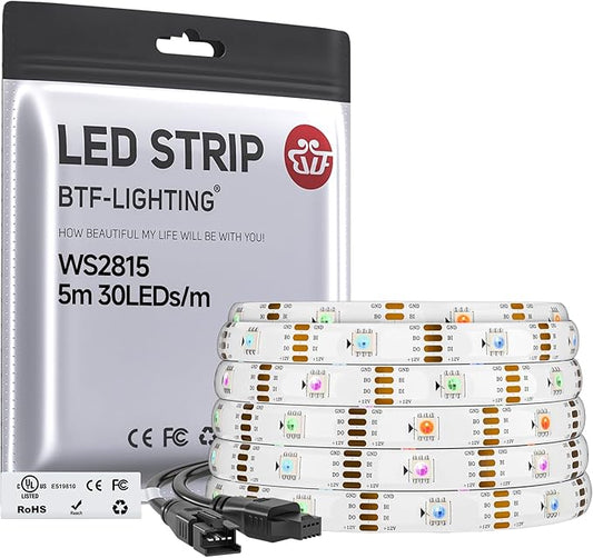 BTF-LIGHTING WS2815 (Upgraded WS2812B) LED Strip Light,UL Listed,16.4FT 150 LED/Pixels,Flexible Chasing RGB,Dual Signal Individually Addressable,5050SMD,3M Tape,DC12V IP30(No Adapter or Controller)