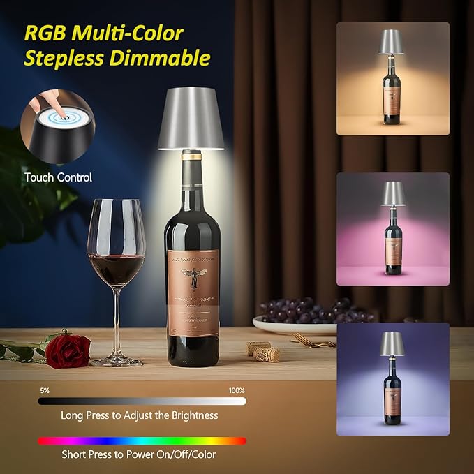 2025 New Wireless Bottle Lamp - LED Bottle Lights for Liquor & Wine Bottles, Cordless Lampshade, Whiskey Bottle Top Light, Bottle Stopper Night Light Kit, Rechargeable RGB Remote & Touch-Dimmable