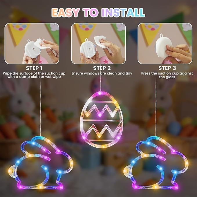 BHCLIGHT 3 Pack Easter Window Lights, Multicolor Bunny and Egg Lights, Battery Operated Easter Window Decorations Light up with Suction Cup and Timer Function for Indoor Window Glass Wall Party Decor