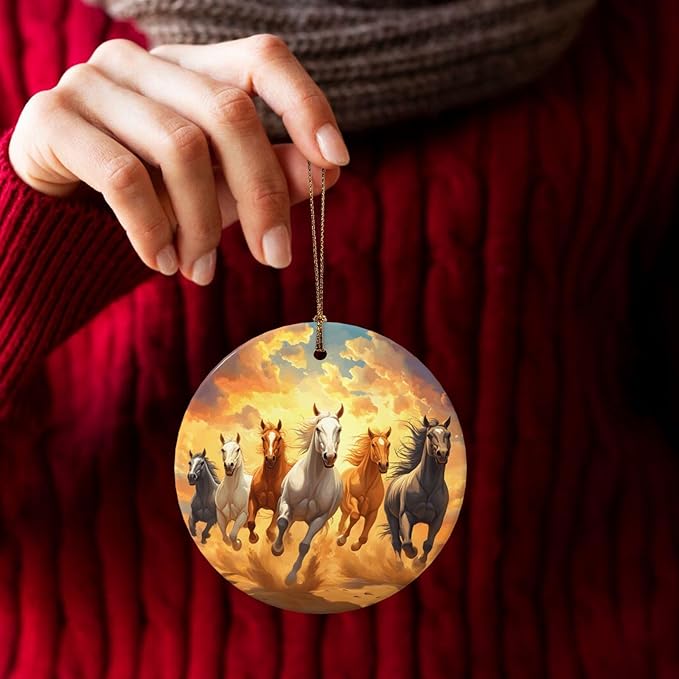 Cartoon Horse Running Christmas Ornaments, Christmas Decorations Xmas Tree Hanging Ornaments, Round Ceramic Festive Keepsake Gift for Xmas Decorations Holiday Home Decor