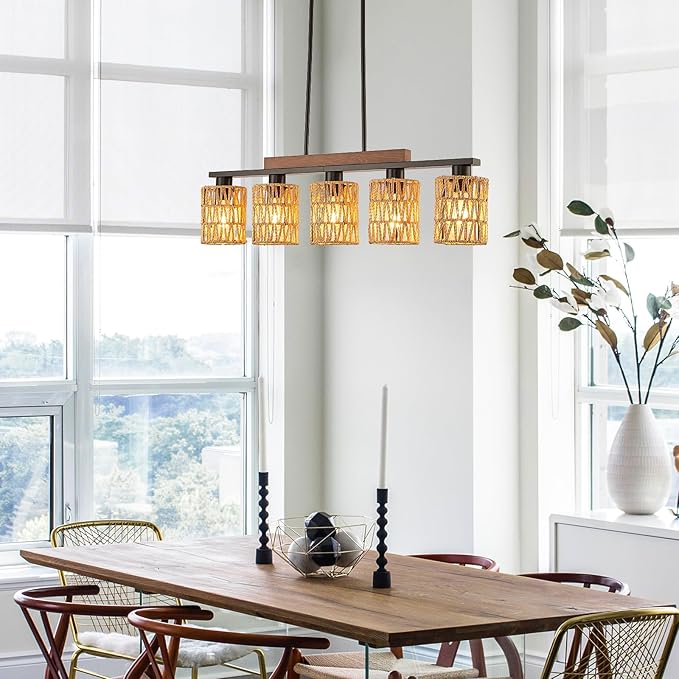 Boho Dining Room Light Fixture, 5-Light Rattan Chandelier, Farmhouse Woven Large Coastal Wicker Wood Bamboo Bohemian Rustic Rectangle Black Linear Pendant Lights Over Table for Kitchen Island