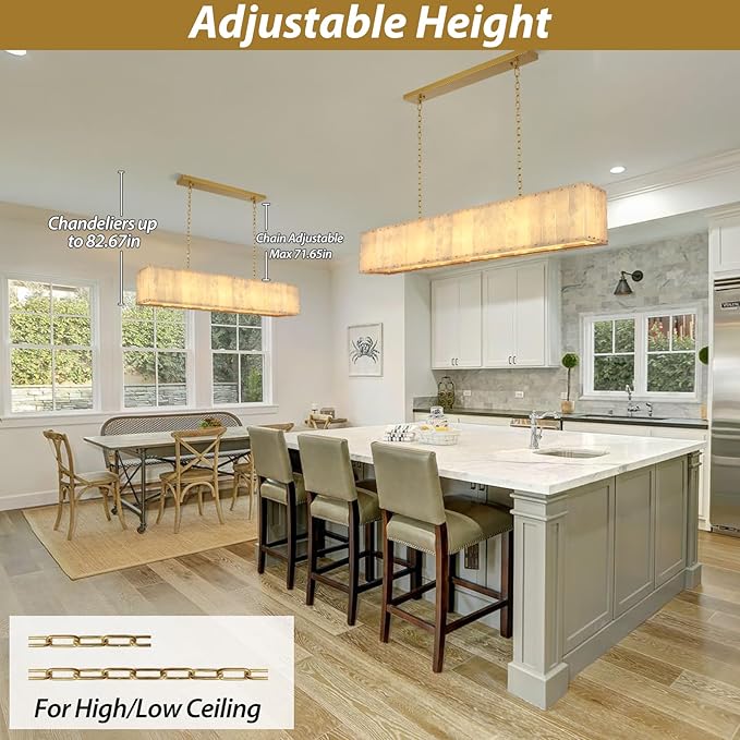 Alabaster Rectangular Chandelier L55in Spanish Natural Marble Rectangle Chandeliers,Modern Gold Large Alabaster Chandeliers for Dining Room over Table,Kitchen Island,Living Room,Included Bulbs