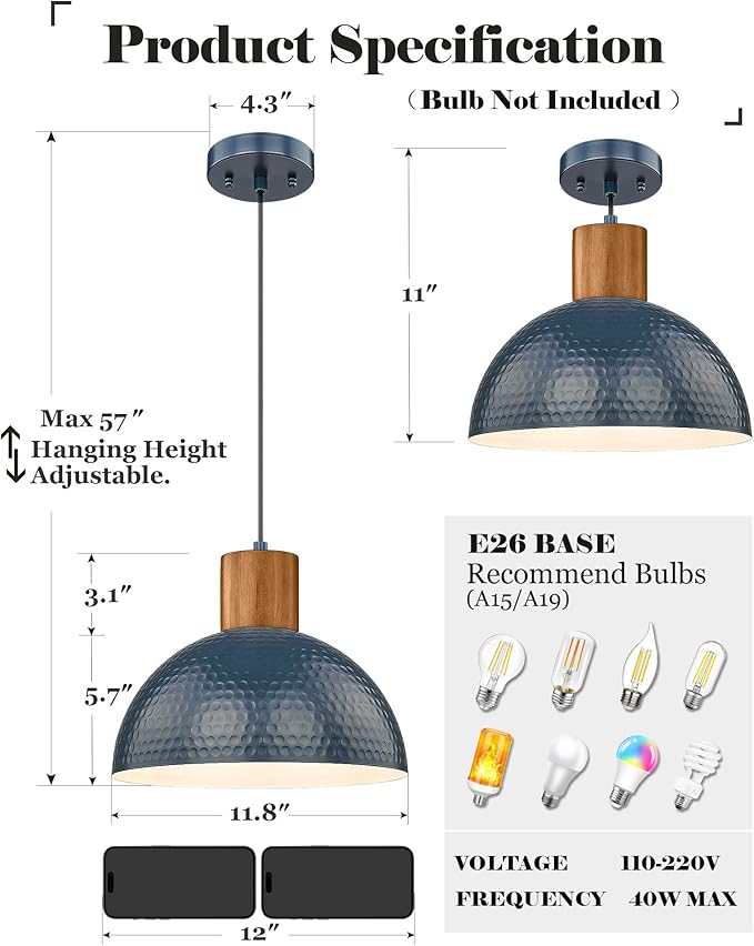 ELYONA Modern Hammered Pendant Light Fixtures with 12" Metal Shade Solid Wood Dome Hanging Pendant Light for Farmhouse Kitchen Island Dining Room Sink Bedroom Hallway Medium 2 Pack Blue