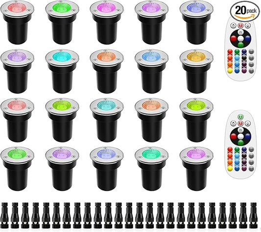 ZUCKEO Low Voltage Landscape Lighting RGB Well Lights Landscape LED In Ground Light, Outdoor Color Changing Landscape Lights, 12-24V Accent Spotlight for Yard Garden Pathway (20Pack with Connectors)