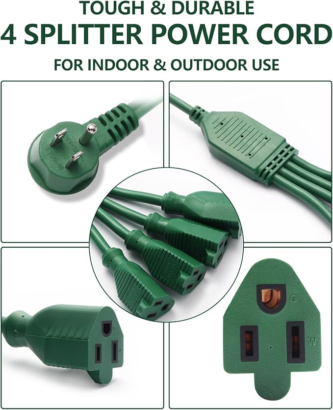 Flat Extension Cord Splitter 1 to 4, 90 Degree Plug Adapter 14AWG SJTW 15A 1875W, 4 Way Outlet Plug Splitter 3 Prong, Outdoor Plug Splitter 2.3ft Heavy Duty Cable for Indoor or Outdoor use, Green.