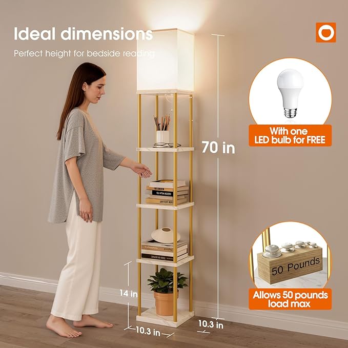addlon 5-Tier Floor Lamp with Shelves, Standing Lamp with 3 Color Temperature, Corner Display Nightstand Lamp for Living Room, Bedroom and Office (70'' H, Gold&White)