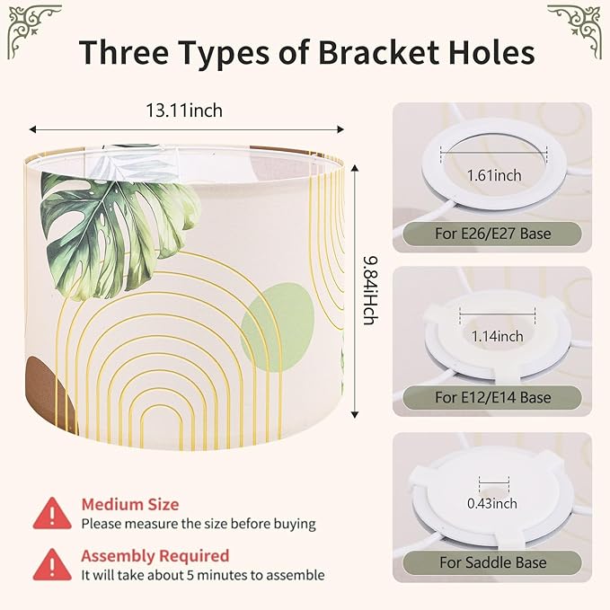 13-inch Fabric Linen Lamp Shade, Boho Lampshade with Tropical Plant & Gold Line Pattern, Lamp Shades for Floor Lamps fit with Spider/Uno, Drum Lampshades for Table Lamp/Pendant (Easy Assemble)