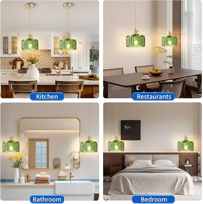 2 Pack Industrial Pendant Lighting, Modern Green Glass Shade Farmhouse Adjustable Hanging Light Fixtures for Kitchen Island Living Room Bedroom Hallway, Green